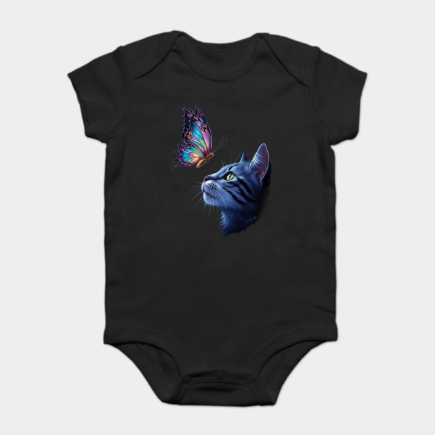 The Cat Gazes Upwards at a Vibrant Butterfly Baby Bodysuit by animegirlnft